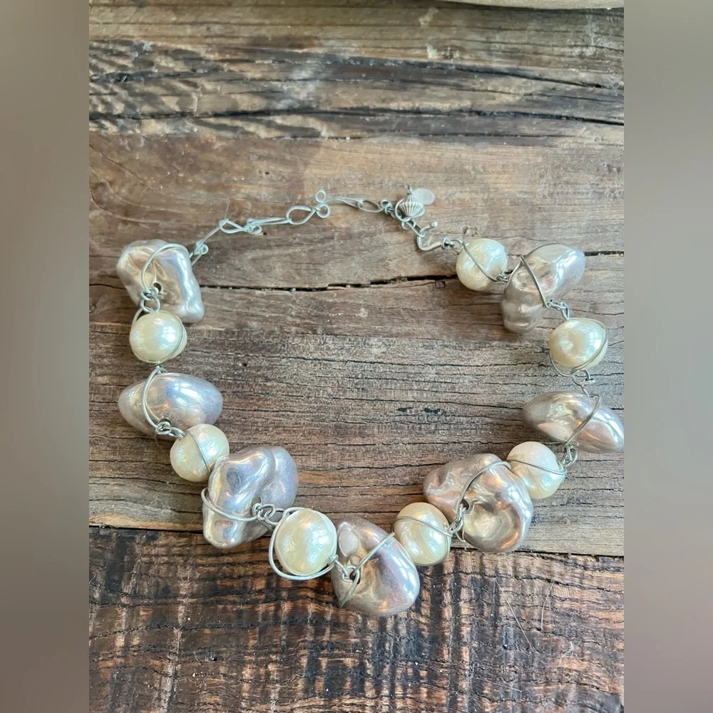 Abra Couture Silver Rock  & faux pearl  Necklace Silver Wire Handmade 14